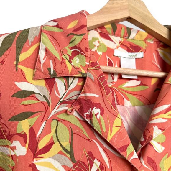 LizGolf 100% Silk Peach Hawaiian Print Structured Button Down Blouse Women's L - Picture 6 of 10